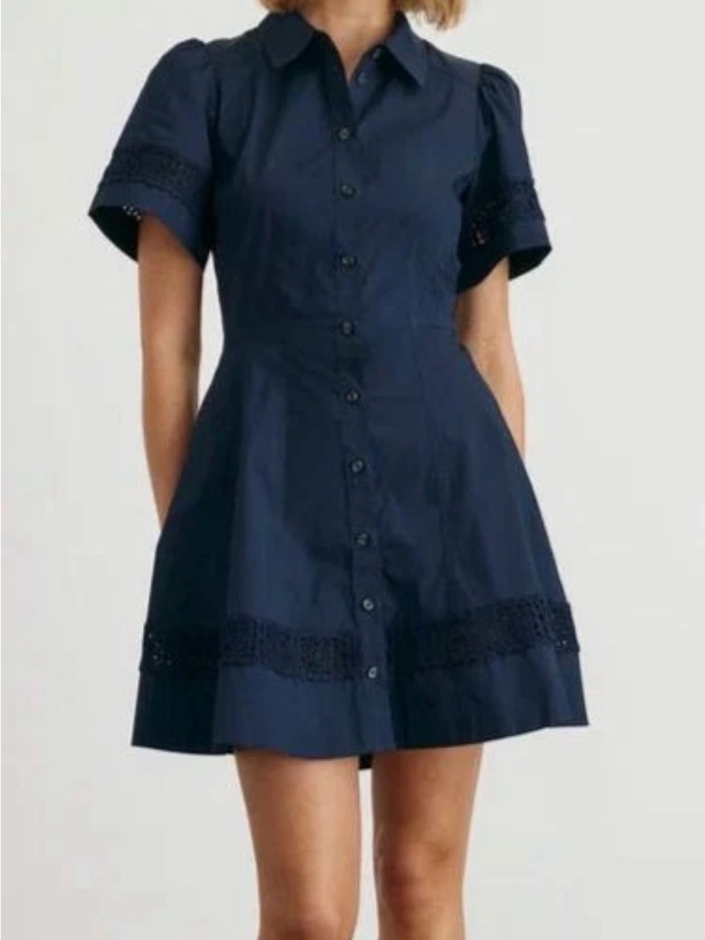NEW Tanya Taylor Navy Button-Front Shirt Dress with Crochet Trim Sz 0
